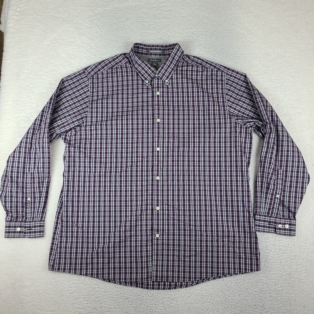 Eddie Bauer Shirt Mens 2XL XXL Purple Plaid Wrinkle Free Relaxed Fit Button Up